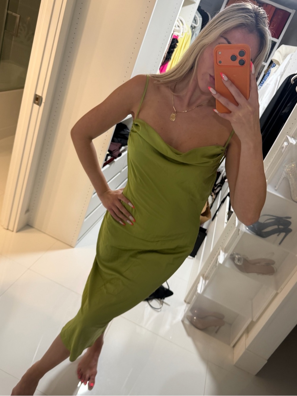 Olive Green Slip Midi Dress with Cowl Neck